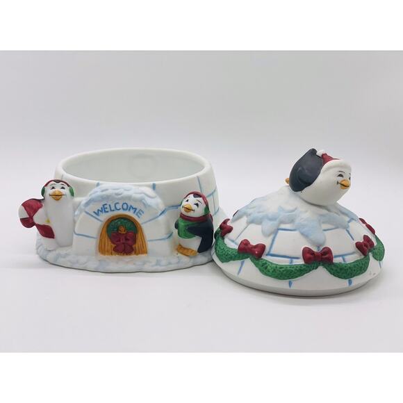 Figis 1995 Penguins On Igloo Trinket/candy Dish/Box With Lid Approx 4.5”x 5” - Picture 6 of 8